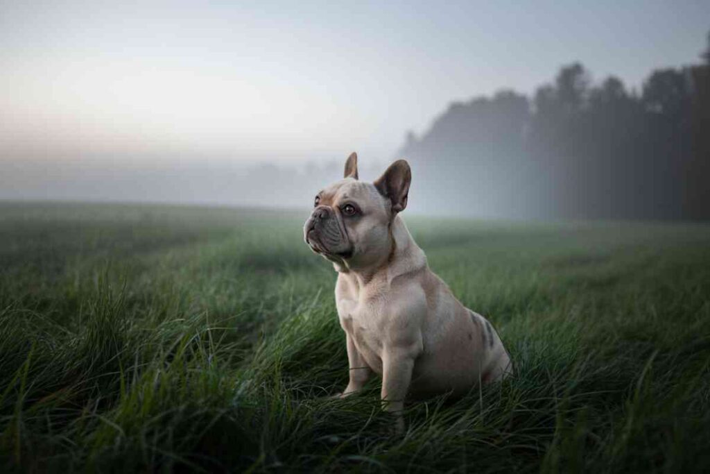 Chien de campagne assis dans l’herbe au lever du jour, regard tourné vers l’horizon