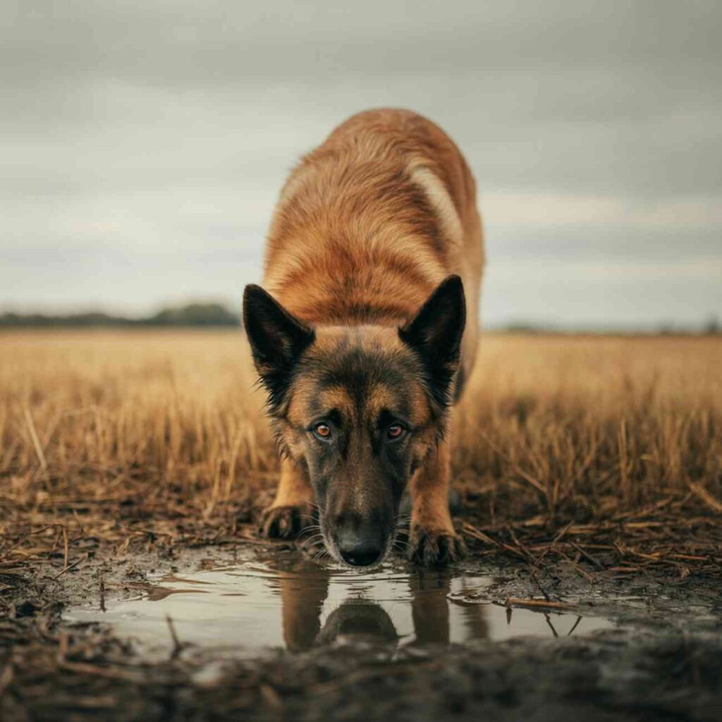 Chien brun buvant dans une flaque d’eau boueuse au milieu d’un champ