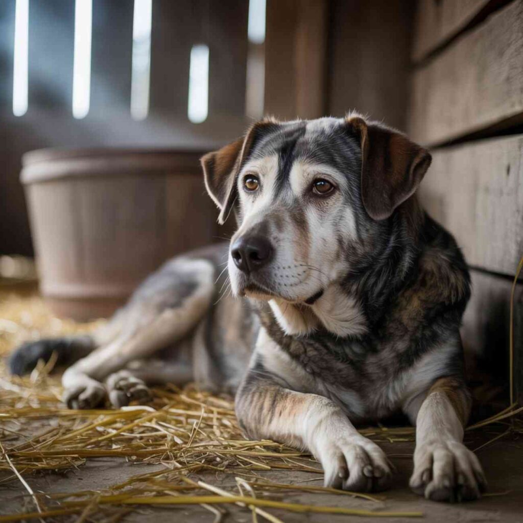 Chien âgé allongé sur de la paille dans une grange en bois, regard calme et fatigué