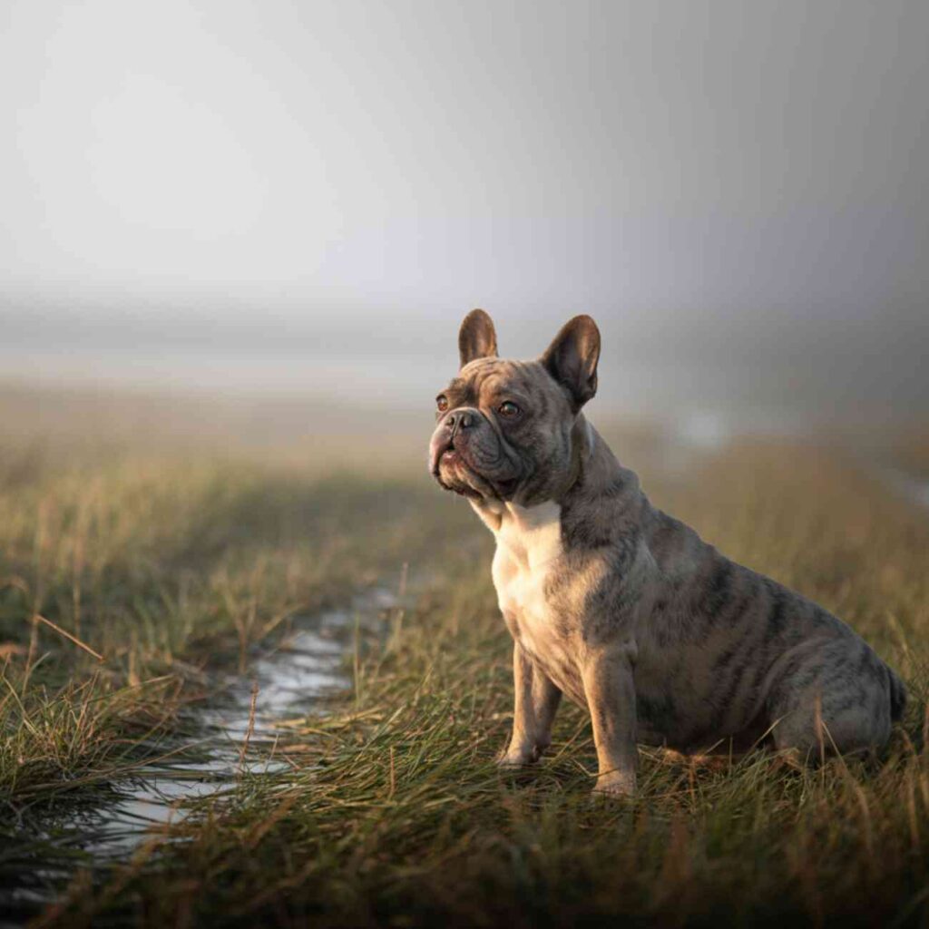 Bouledogue français assis dans un champ humide, brume matinale à l’arrière-plan