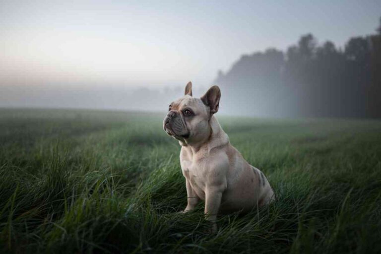 Chien de campagne assis dans l’herbe au lever du jour, regard tourné vers l’horizon