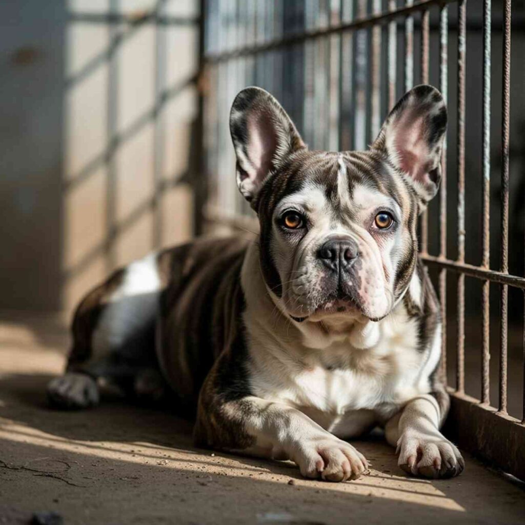 Bouledogue français allongé derrière les barreaux d’un refuge, regard fixe et expressif