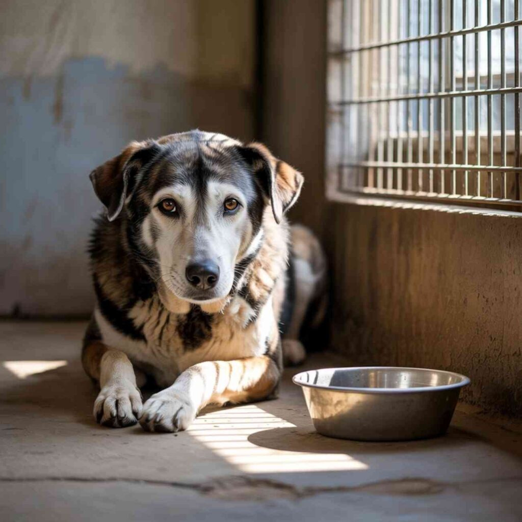 Chien âgé couché dans un refuge, regard mélancolique, gamelle vide à ses côtés