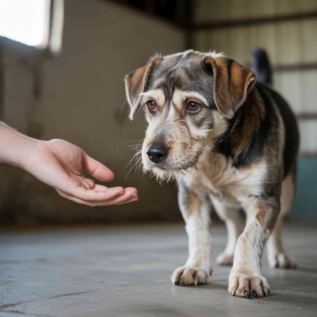 Main tendue vers un chien méfiant dans un refuge, tentative de contact délicate