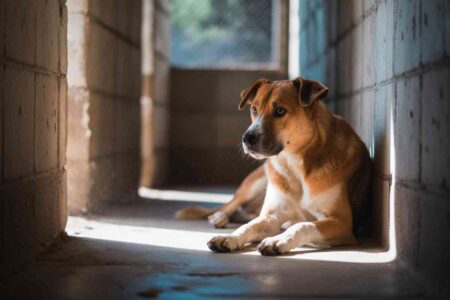 Chien abandonné allongé dans un couloir de refuge, éclairé par une lumière tamisée