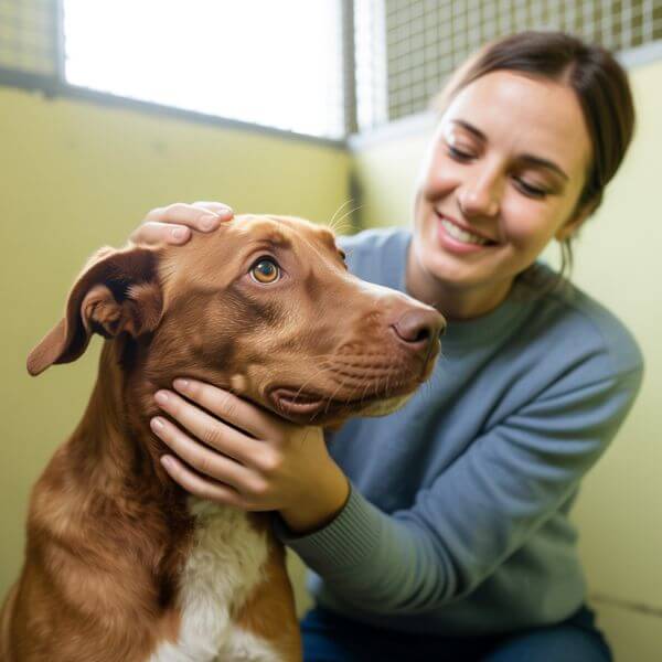 Femme souriante caressant tendrement un chien dans un environnement calme, moment de connexion affective