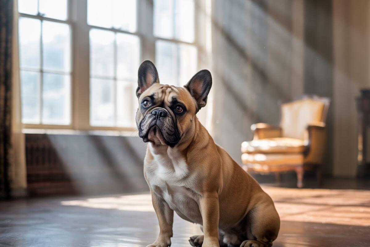 Chien seul assis dans un salon vide, regard vers la lumière extérieure, symbolisant la solitude quotidienne des animaux domestiques