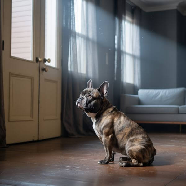 Chien assis seul près d’une porte d’entrée, dans un appartement vide et calme, attendant le retour de son humain