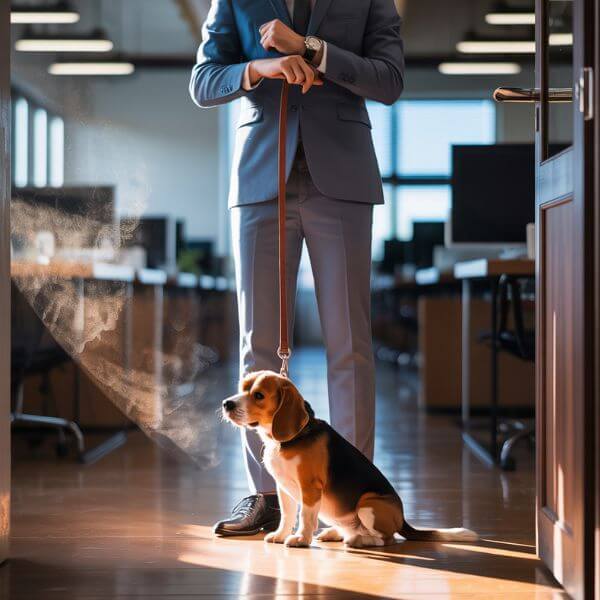 Homme en costume quittant son domicile pendant que son chien reste assis derrière la porte, seul