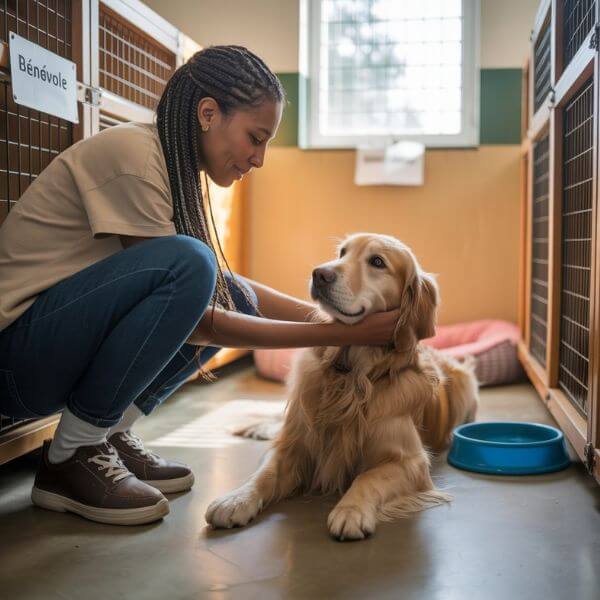 Bénévole accroupie dans un refuge, caressant un chien dans son box avec douceur et attention