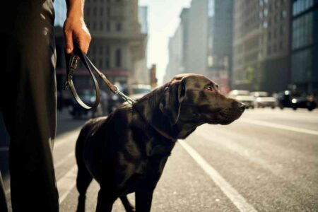Chien noir en laisse marchant sur une rue en plein soleil, pendant une journée de forte chaleur en ville