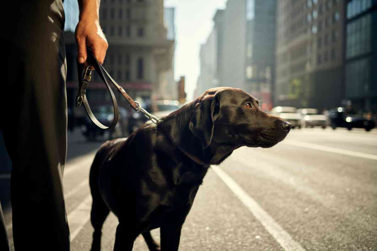 Chien noir en laisse marchant sur une rue en plein soleil, pendant une journée de forte chaleur en ville