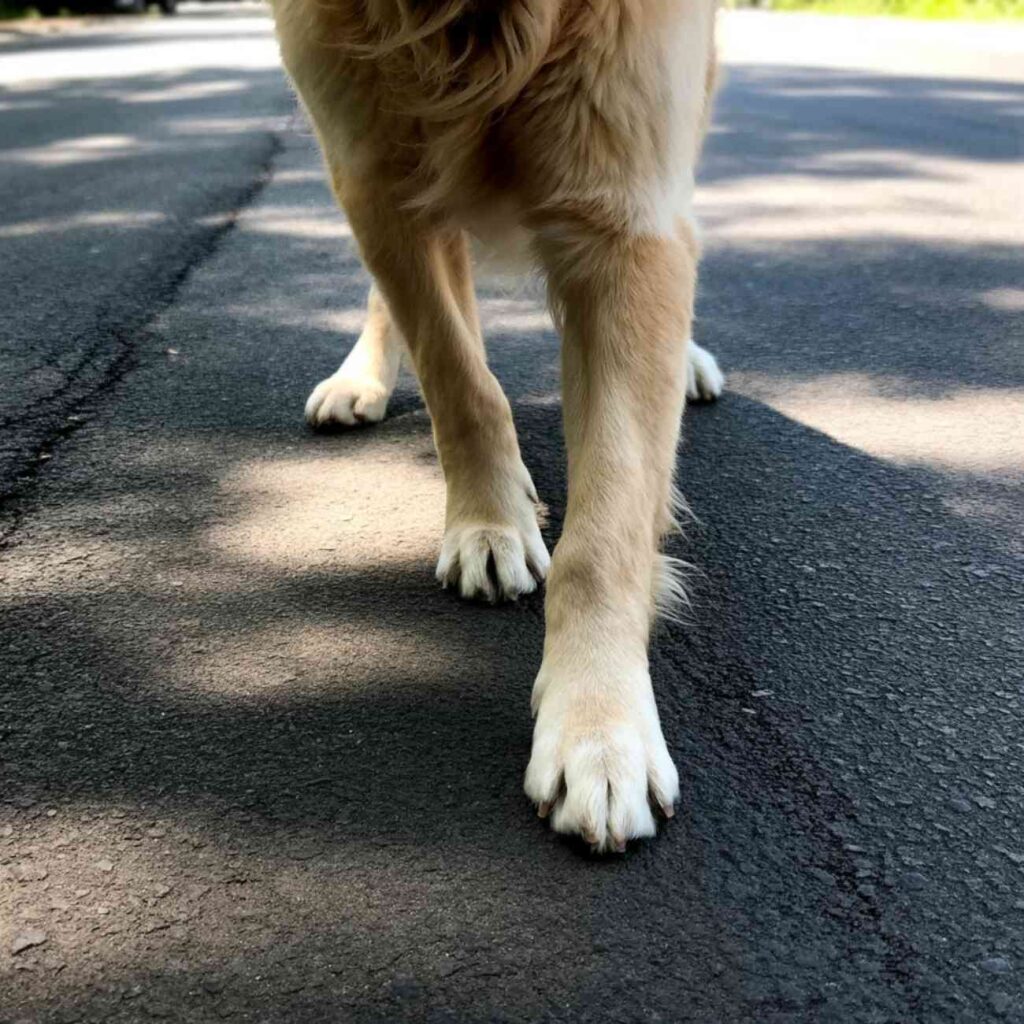 Pattes d’un chien marchant sur du bitume chaud en plein été