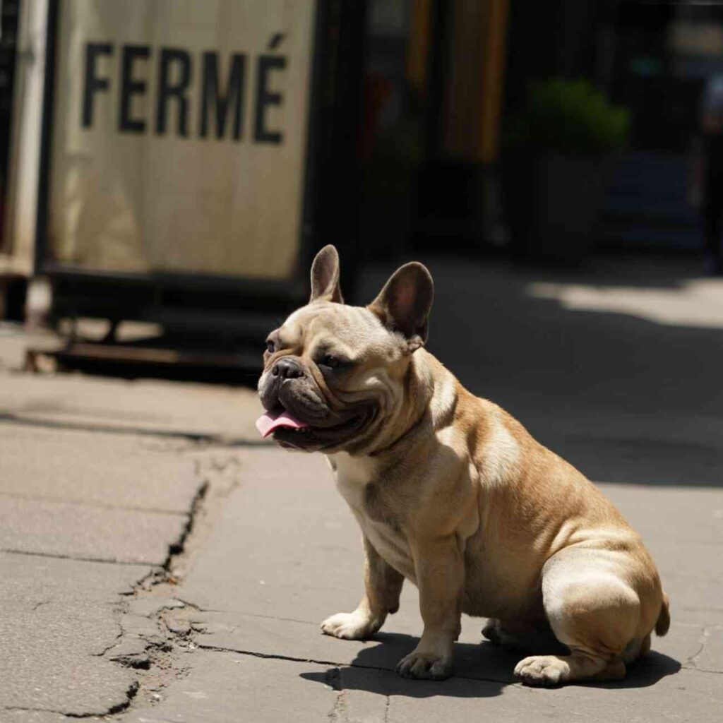 Bouledogue assis en plein soleil sur un trottoir chaud, langue pendante, en signe d’épuisement