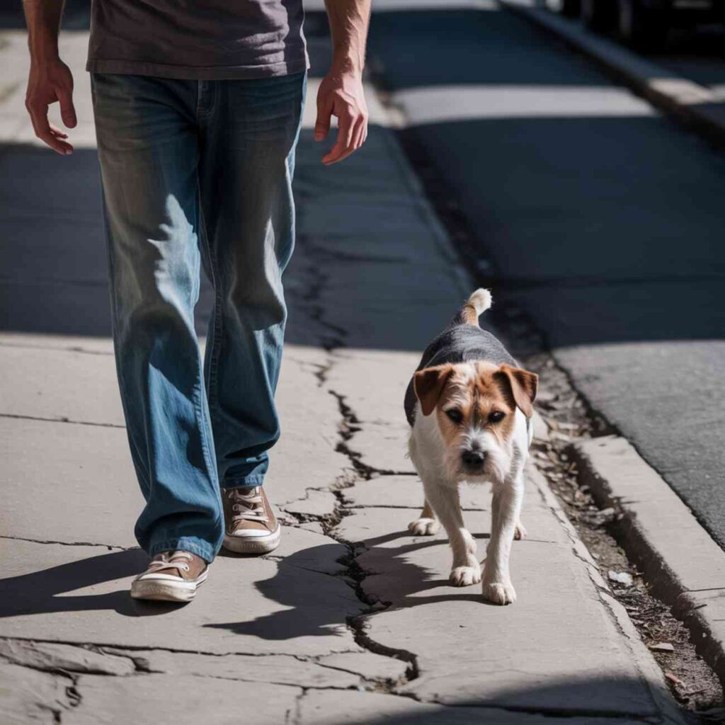 Petit chien marchant sur un trottoir fissuré aux côtés de son maître par une journée ensoleillée