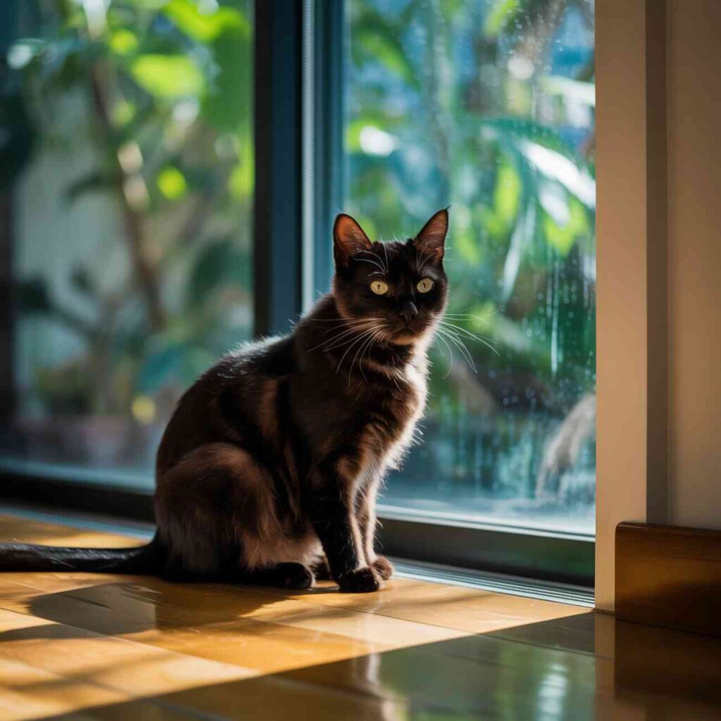 Chat assis derrière une baie vitrée en plein soleil, exposé à la chaleur intérieure