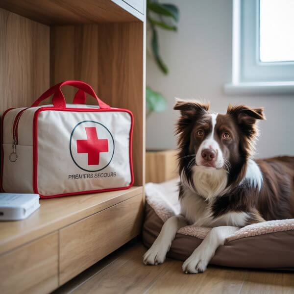 Chien assis à côté d’un sac de premiers secours, prêt pour une évacuation d’urgence pendant l’incendie en Charente.