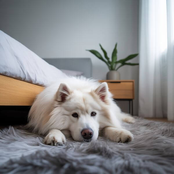 Chien blanc allongé sur un tapis à l’intérieur d’une maison, attendant ses propriétaires évacués en urgence lors de l’incendie en Charente.