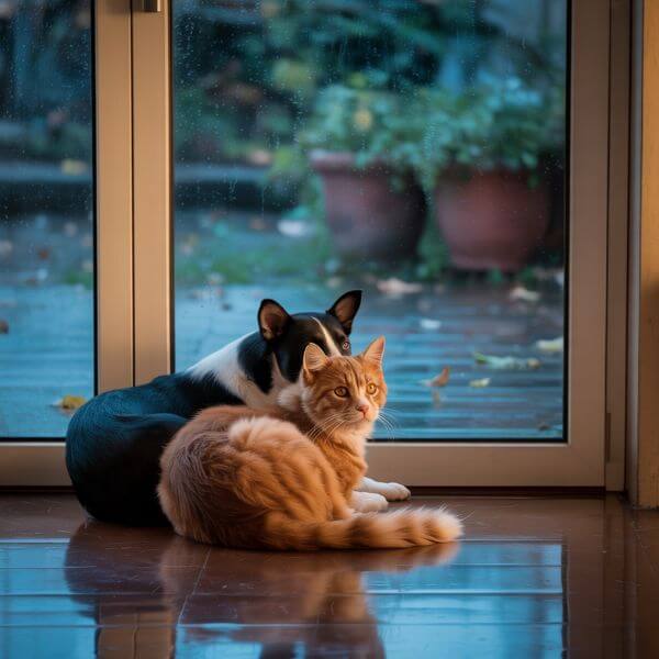 Chat allongé près d’une baie vitrée, regardant dehors après un orage d’été. Le sol est mouillé, l’atmosphère calme.