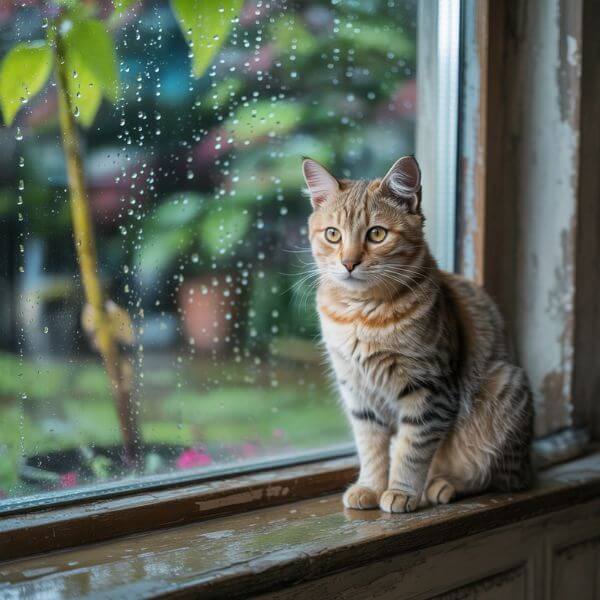 Chat tigré assis sur un rebord de fenêtre, observant la pluie à travers une vitre couverte de gouttes.