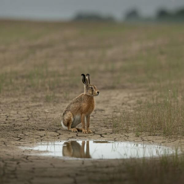 Lièvre sauvage immobile près d’une flaque d’eau sur un sol sec après une pluie d’été.
