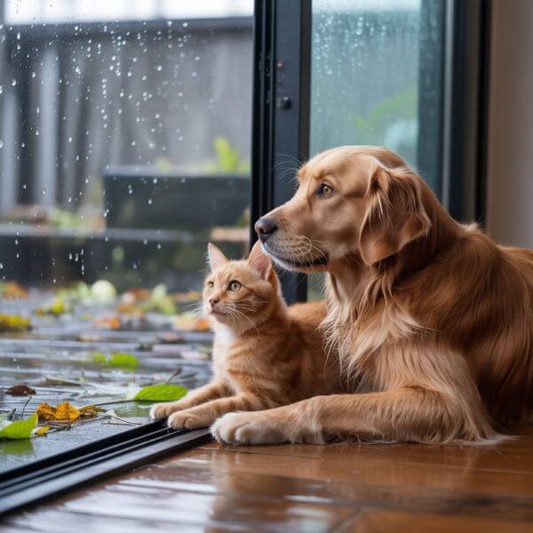 Un chien et un chat côte à côte, allongés devant une baie vitrée couverte de gouttes de pluie. Ils observent l’extérieur avec calme.
