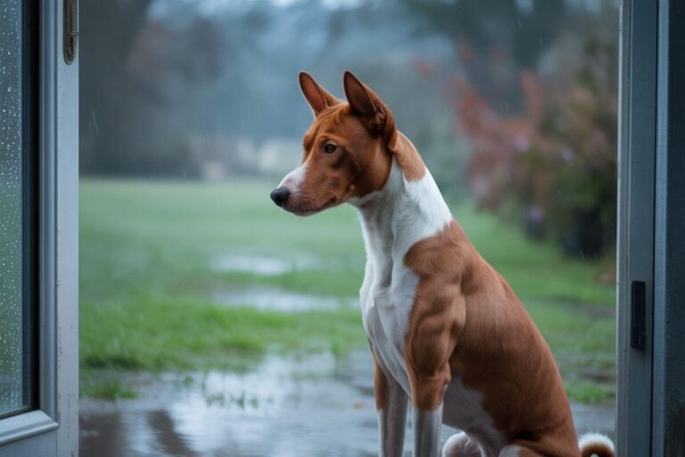 Chien de type Basenji debout devant une baie vitrée, observant un paysage mouillé après un orage d’été.