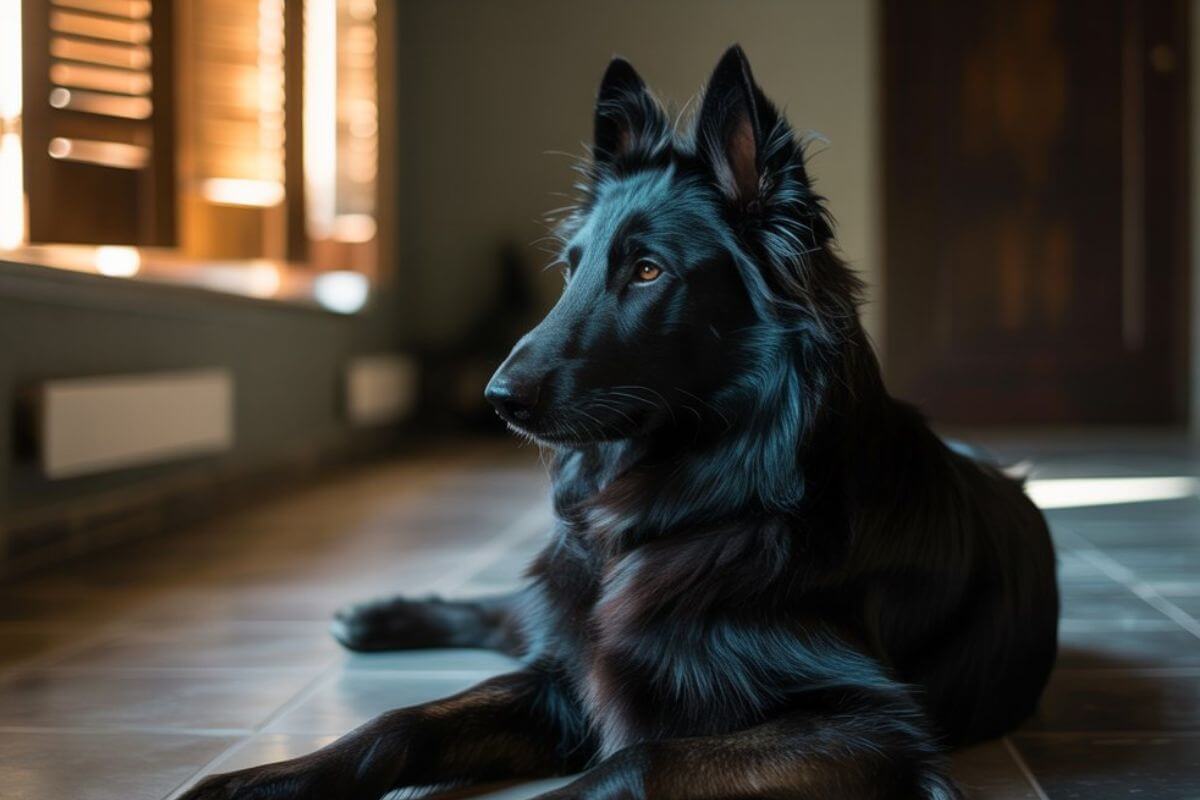 Chien noir allongé sur un sol carrelé, baigné de lumière, regardant au loin dans une pièce silencieuse après une vague de chaleur.
