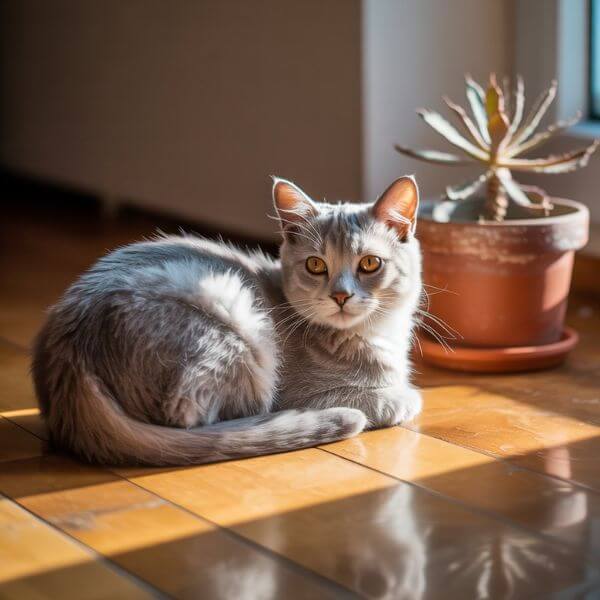 Chat allongé sur un parquet ensoleillé, fixant un point hors champ, dans une pièce calme après une période de forte chaleur.