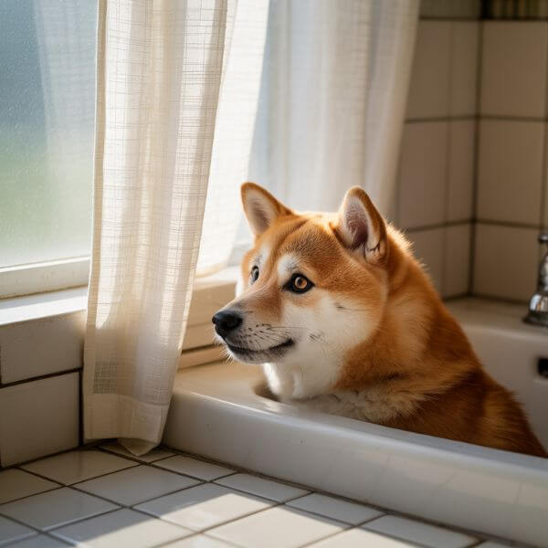Chien de type Shiba Inu assis dans une baignoire, regardant par la fenêtre entrouverte, dans une salle de bain baignée de lumière.