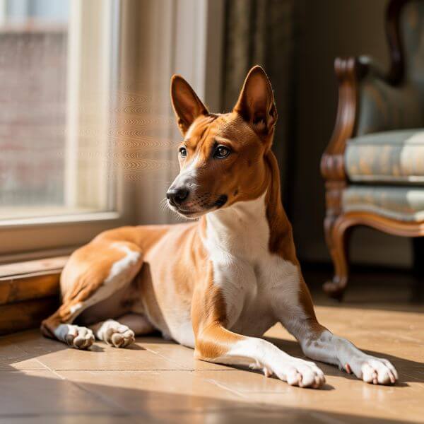 Chien de race Basenji allongé sur un sol en bois, près d’une baie vitrée, observant calmement l’extérieur à travers les stores.