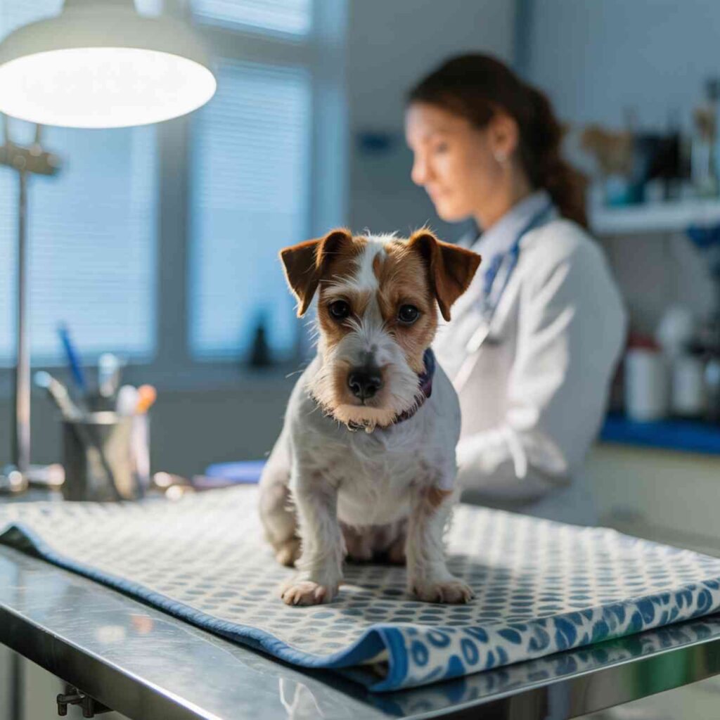 Petit chien anxieux assis sur une table d’examen vétérinaire, vétérinaire floue en arrière-plan