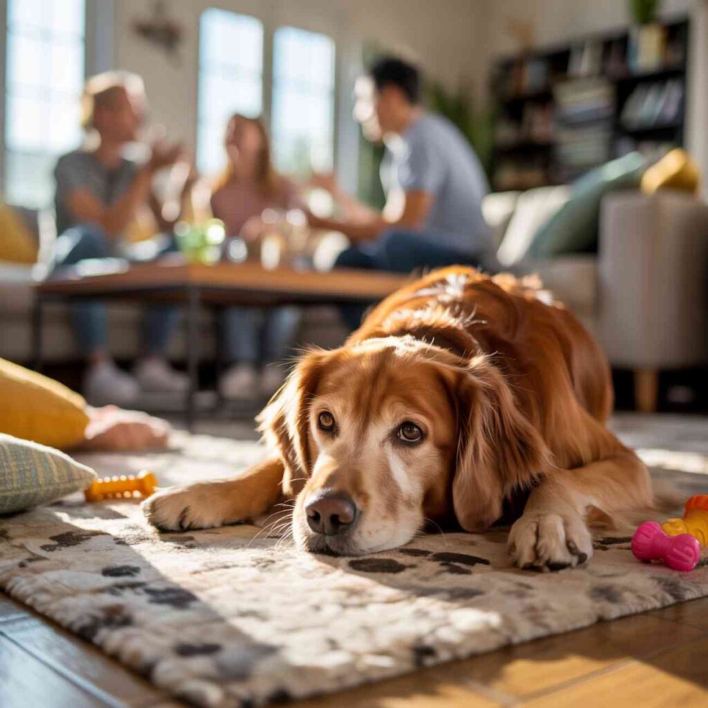 Chien couché au sol dans un salon lumineux pendant que des humains discutent sans lui prêter attention
