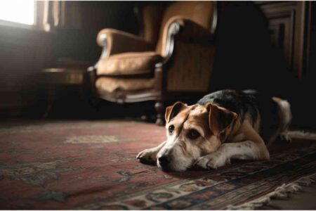 Chien allongé sur un tapis ancien dans un salon sombre, regard triste tourné vers la lumière.