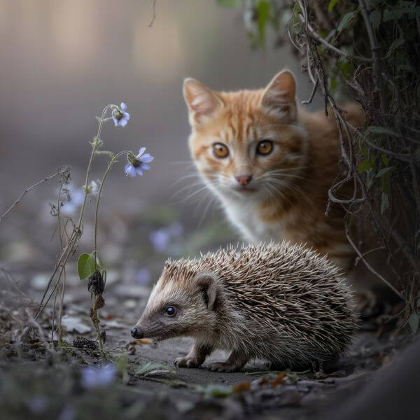 Chat observant un hérisson allongé dans un sous-bois clairsemé, symbole des interactions entre animaux domestiques et faune sauvage menacées par la loi Duplomb.
