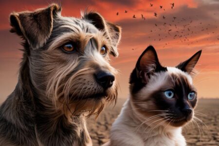 Chien et chat côte à côte sur un terrain agricole aride, regardant l’horizon sous un ciel rougeâtre, symbole des menaces environnementales de la loi Duplomb sur les animaux.