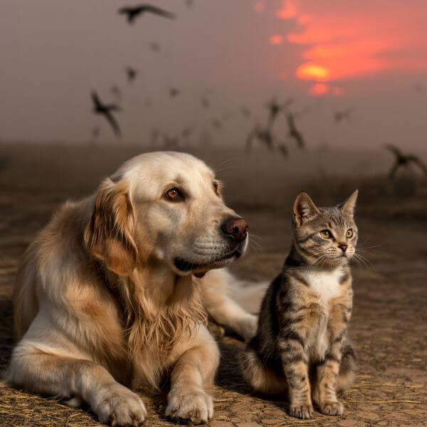 Chien couché et chat assis côte à côte sur un sol aride, regardant l’horizon au coucher du soleil, avec des oiseaux en arrière-plan, évoquant les impacts environnementaux de la loi Duplomb.