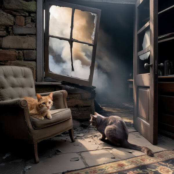 Deux chats sont assis dans une pièce calme, près d’une fenêtre entrouverte laissant passer la lumière. L’un regarde à l’extérieur, l’autre est allongé au sol. Une atmosphère d’attente et de silence.