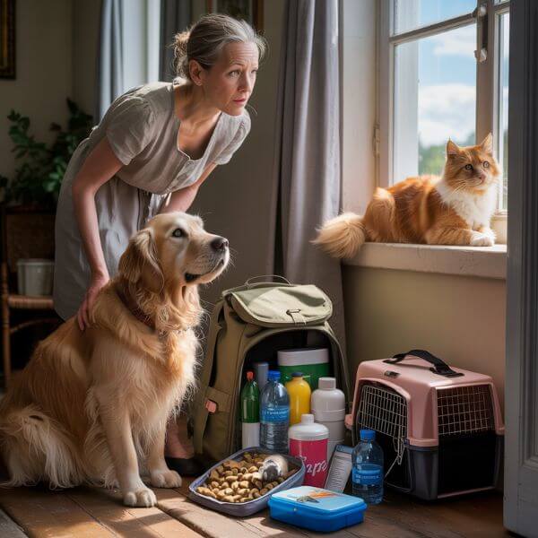 Une femme regarde par la fenêtre en tenant son chien en laisse. À ses côtés, un sac de transport pour chat est posé au sol avec des affaires préparées. Un chat est assis sur le rebord de la fenêtre. Tous semblent en alerte, prêts à partir.