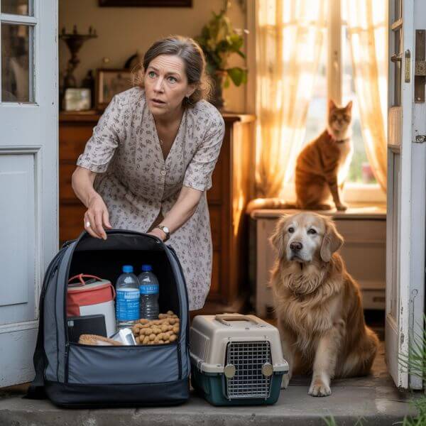 Une femme d’une soixantaine d’années s’apprête à sortir de chez elle avec son chien. Elle tient un sac d’évacuation ouvert contenant des affaires pour animaux. Son regard est tourné vers l’extérieur. Le chien est assis près d’elle, calme mais attentif.