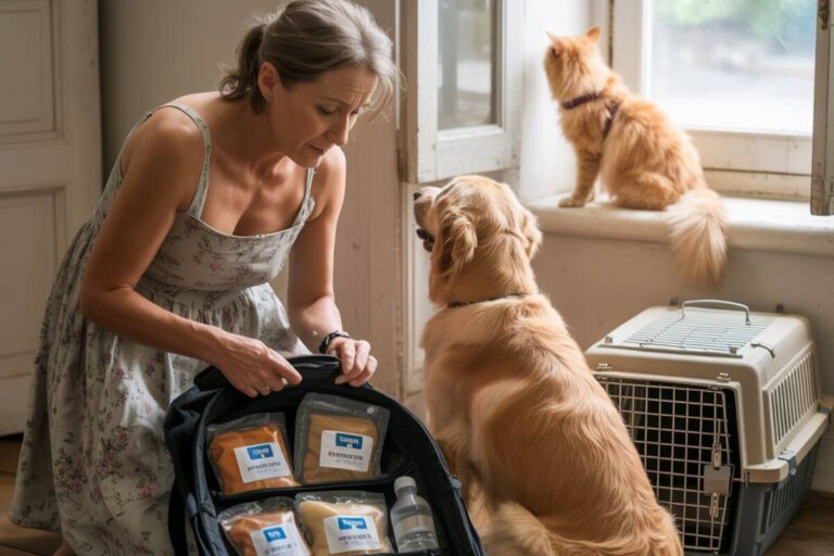 Une femme prépare un sac d’urgence pour ses animaux de compagnie dans un couloir d’entrée. Un chien assis la regarde, tandis qu’un chat est perché sur le rebord de la fenêtre.