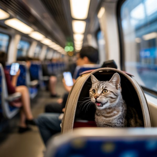 Chat tigré dans une caisse de transport posée sur un siège de train, passagers flous à l’arrière-plan.