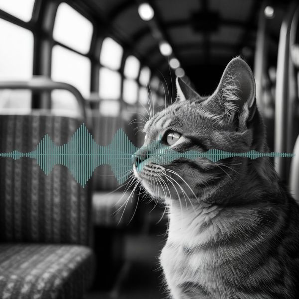 Chat tigré en noir et blanc dans un wagon de train, avec une onde sonore stylisée superposée.