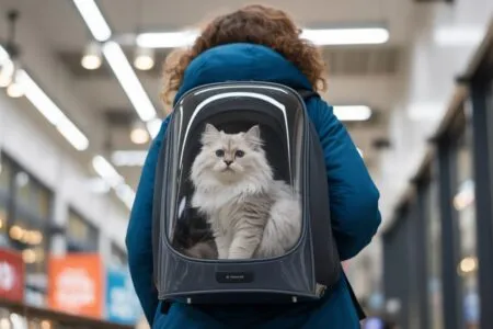 Chat dans une caisse de transport à dos, dans une gare, en attente d’un train.