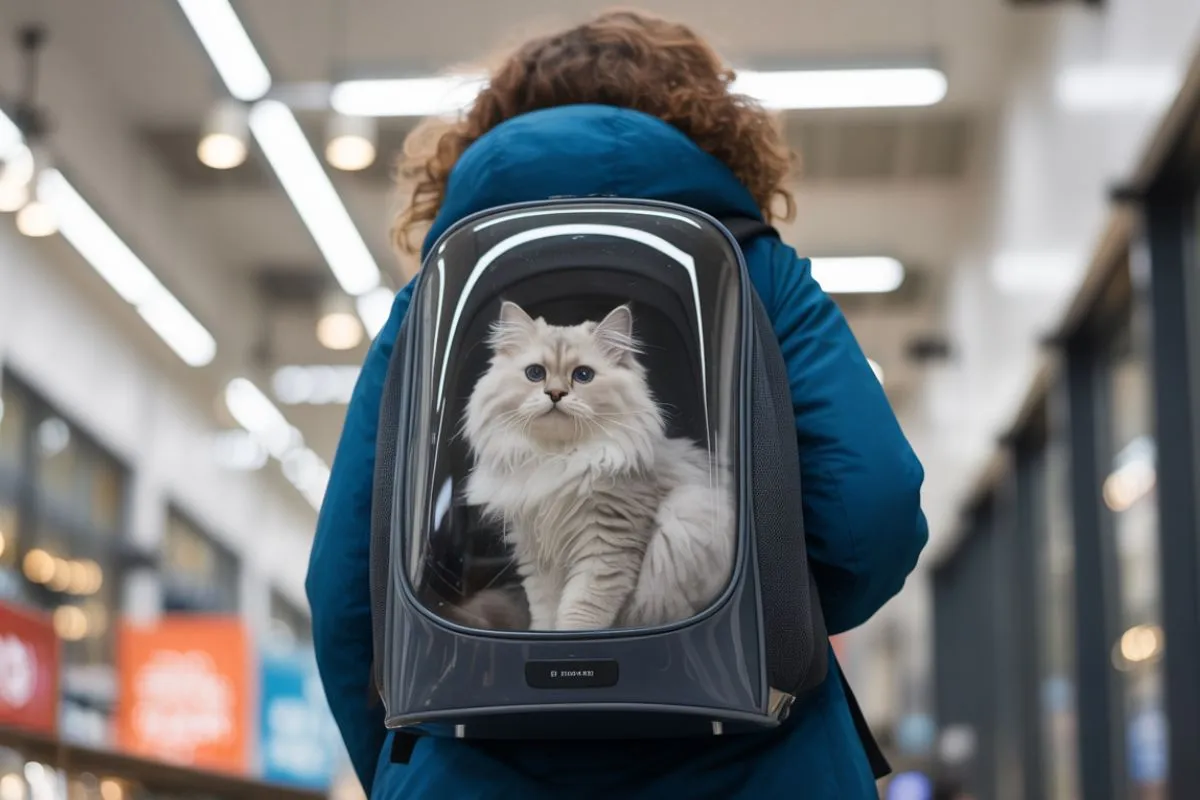 Chat dans une caisse de transport à dos, dans une gare, en attente d’un train.