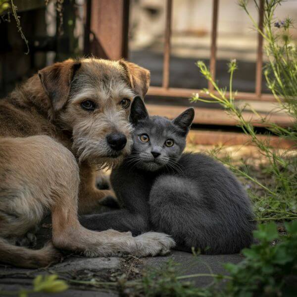 Deux chiens couchés l’un contre l’autre dans un espace extérieur, regard calme et expressif, suggérant la douceur et la solidarité face à la vulnérabilité.