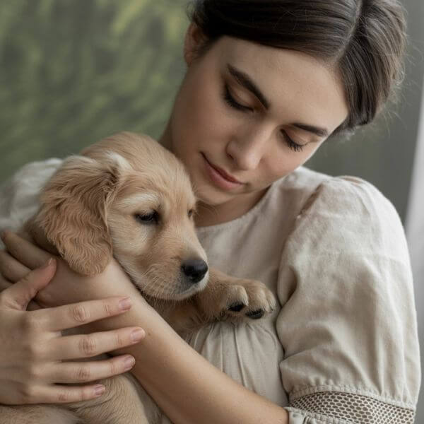 Jeune femme tenant un chiot contre elle avec tendresse, les yeux fermés, dans une posture de calme et de protection partagée.