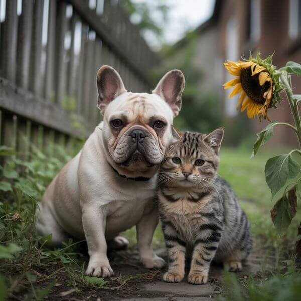 Un chiot bouledogue français et un chaton tigré assis côte à côte dans un jardin, regardant l’objectif avec curiosité, entourés de lumière naturelle.