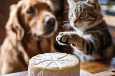 Chien et chat observant un fromage au lait cru sur une table dans une cuisine