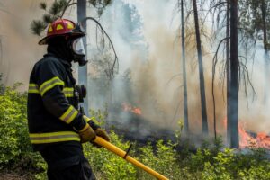Un pompier lutte contre un incendie de forêt dans l’Aude, en France, en pleine évacuation d’urgence.